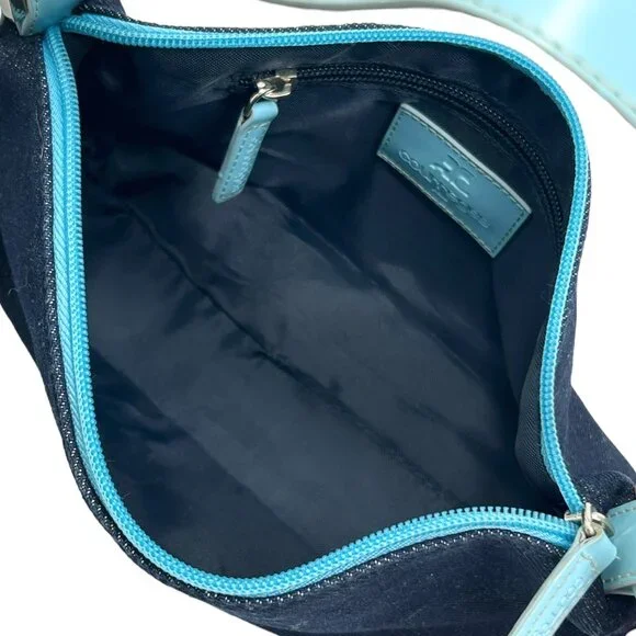 Courreges Vintage Logo Shoulder Bag Denim Blue Silver Cotton Rank AB [103972]